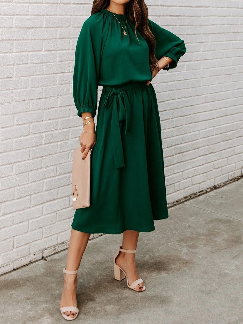Women's Dresses Round Neck Belted Long Sleeve Dress