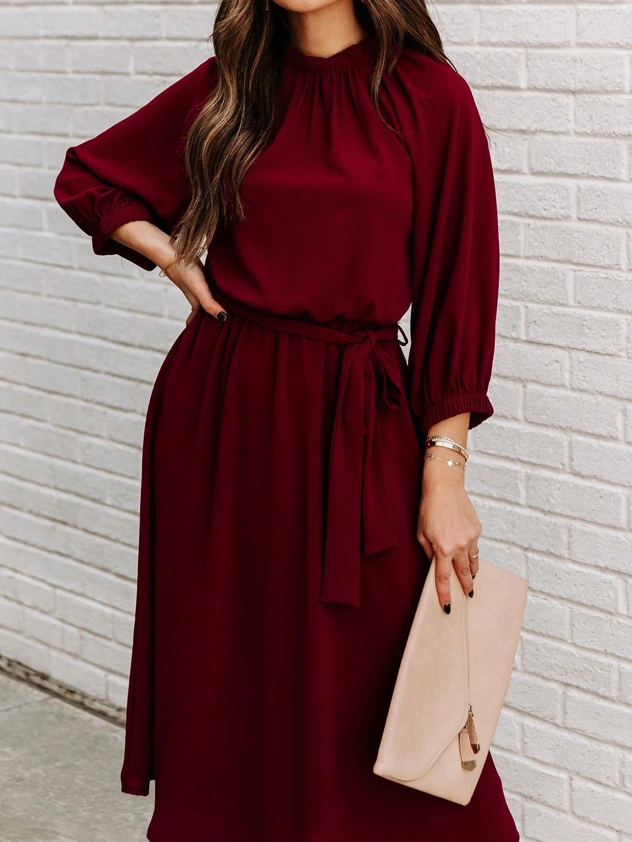 Women's Dresses Round Neck Belted Long Sleeve Dress