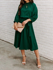 Women's Dresses Round Neck Belted Long Sleeve Dress