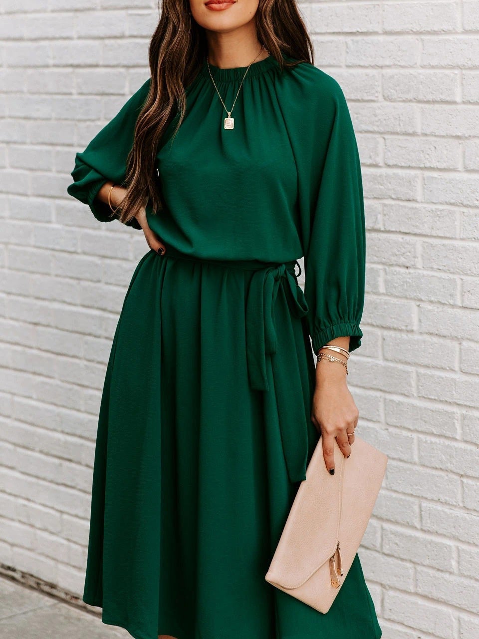 Women's Dresses Round Neck Belted Long Sleeve Dress