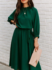 Women's Dresses Round Neck Belted Long Sleeve Dress