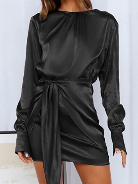 Women's Dresses Round Neck Satin Lace Up Long Sleeve Dress