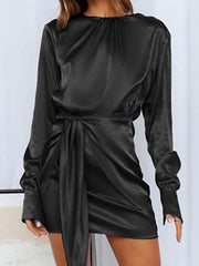 Women's Dresses Round Neck Satin Lace Up Long Sleeve Dress