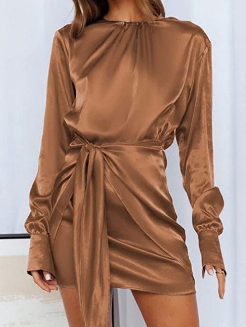 Women's Dresses Round Neck Satin Lace Up Long Sleeve Dress