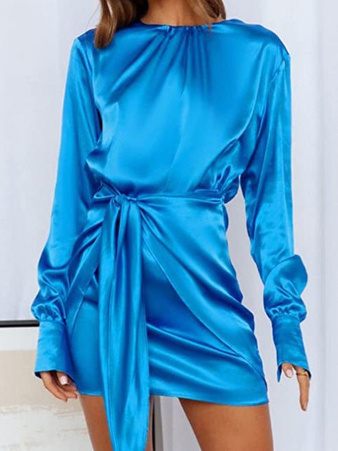Women's Dresses Round Neck Satin Lace Up Long Sleeve Dress
