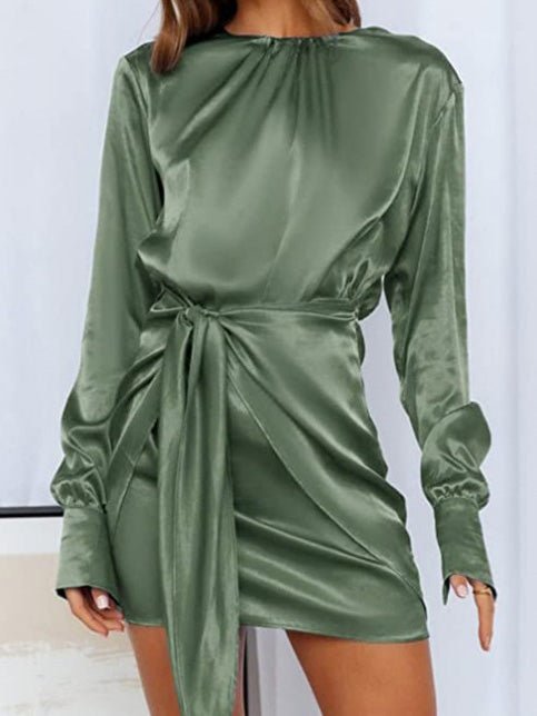 Women's Dresses Round Neck Satin Lace Up Long Sleeve Dress