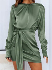 Women's Dresses Round Neck Satin Lace Up Long Sleeve Dress