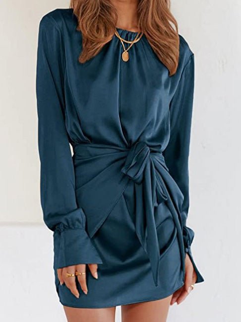 Women's Dresses Round Neck Satin Lace Up Long Sleeve Dress