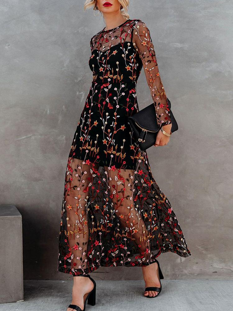 Women's Dresses Round Neck Suspender Embroidered Mesh Two-Piece Dress