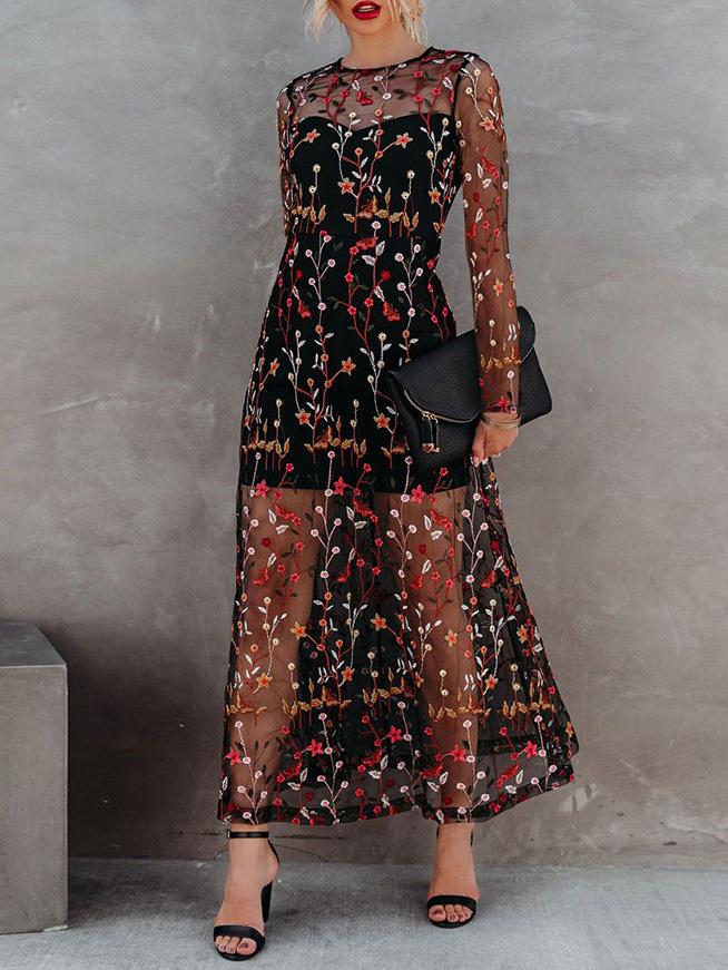 Women's Dresses Round Neck Suspender Embroidered Mesh Two-Piece Dress