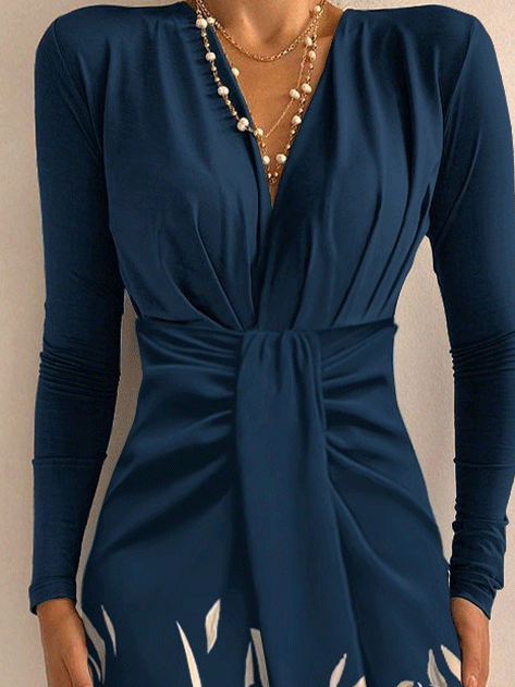 Women's Dresses Ruched V-Neck Printed Long Sleeve Skinny Dress