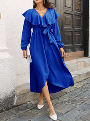 Women's Dresses Ruffle V-Neck Solid Color Split Long Sleeve Midi Dress