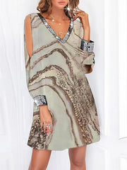 Women's Dresses Sequin Panel Print Off Shoulder Long Sleeve Dress