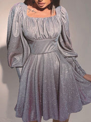 Women's Dresses Sequin Square Neck Puff Sleeve Long Sleeve Dress