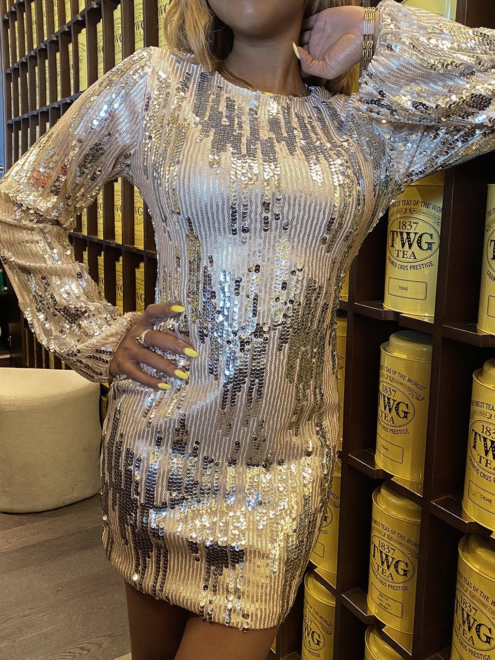 Women's Dresses Sequined Crew Neck Long Sleeve Mini Dress