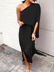 Women's Dresses Slanted Shoulder Irregular Slit Dress