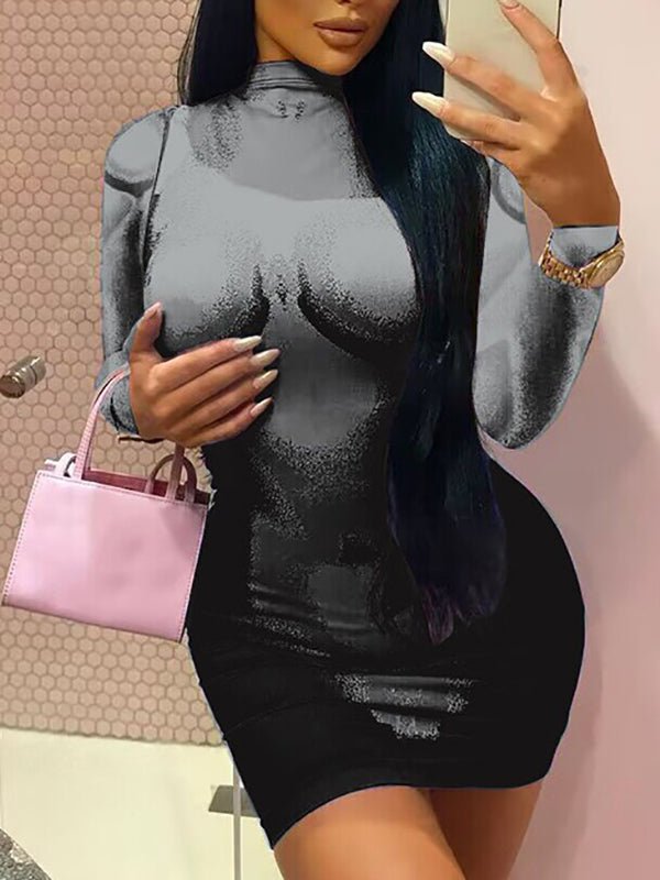 Women's Dresses Slim High Neck Long Sleeve Printed Mini Dress