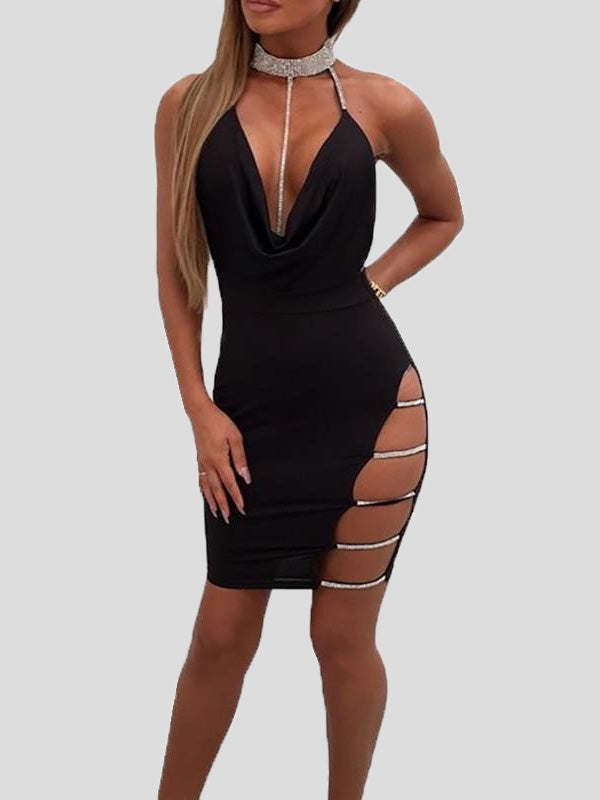 Women's Dresses Sling Slit Hot Drill Low-Cut Halterneck Nightclub Dress