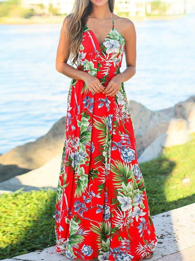 Women's Dresses Sling V-Neck Fashion Print Dress