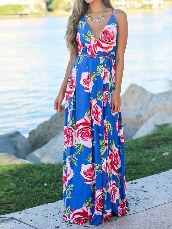Women's Dresses Sling V-Neck Fashion Print Dress