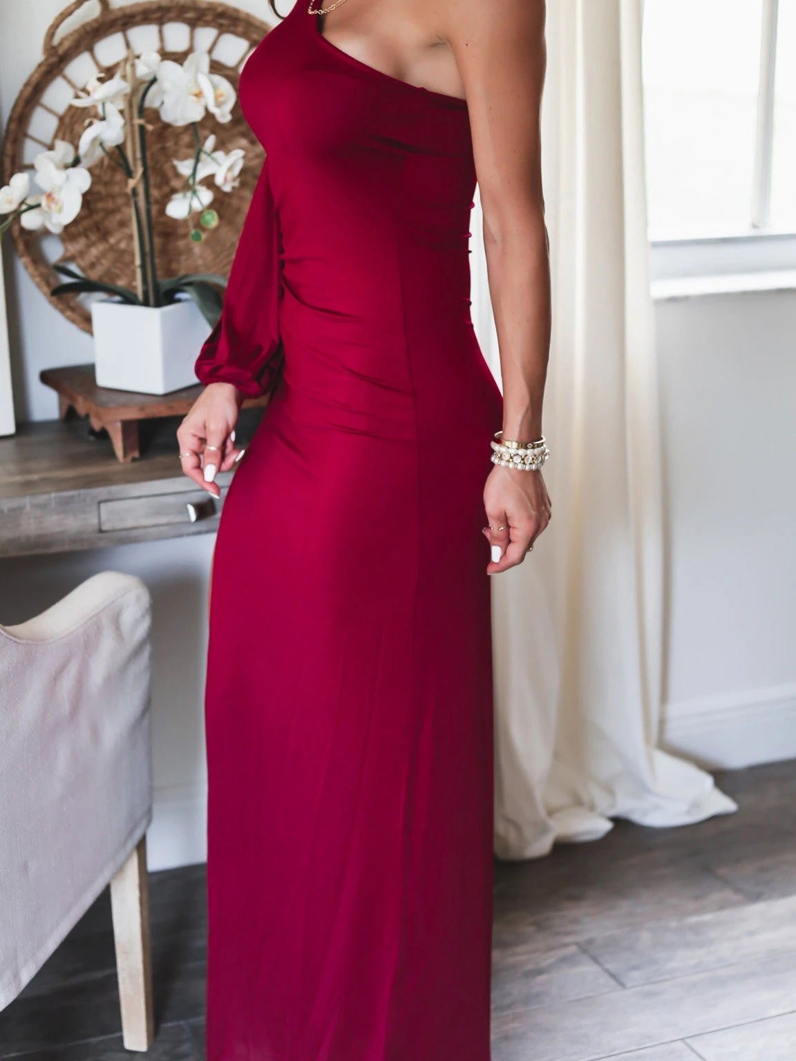 Women's Dresses Sloping Shoulder Long Sleeve Slit Dress