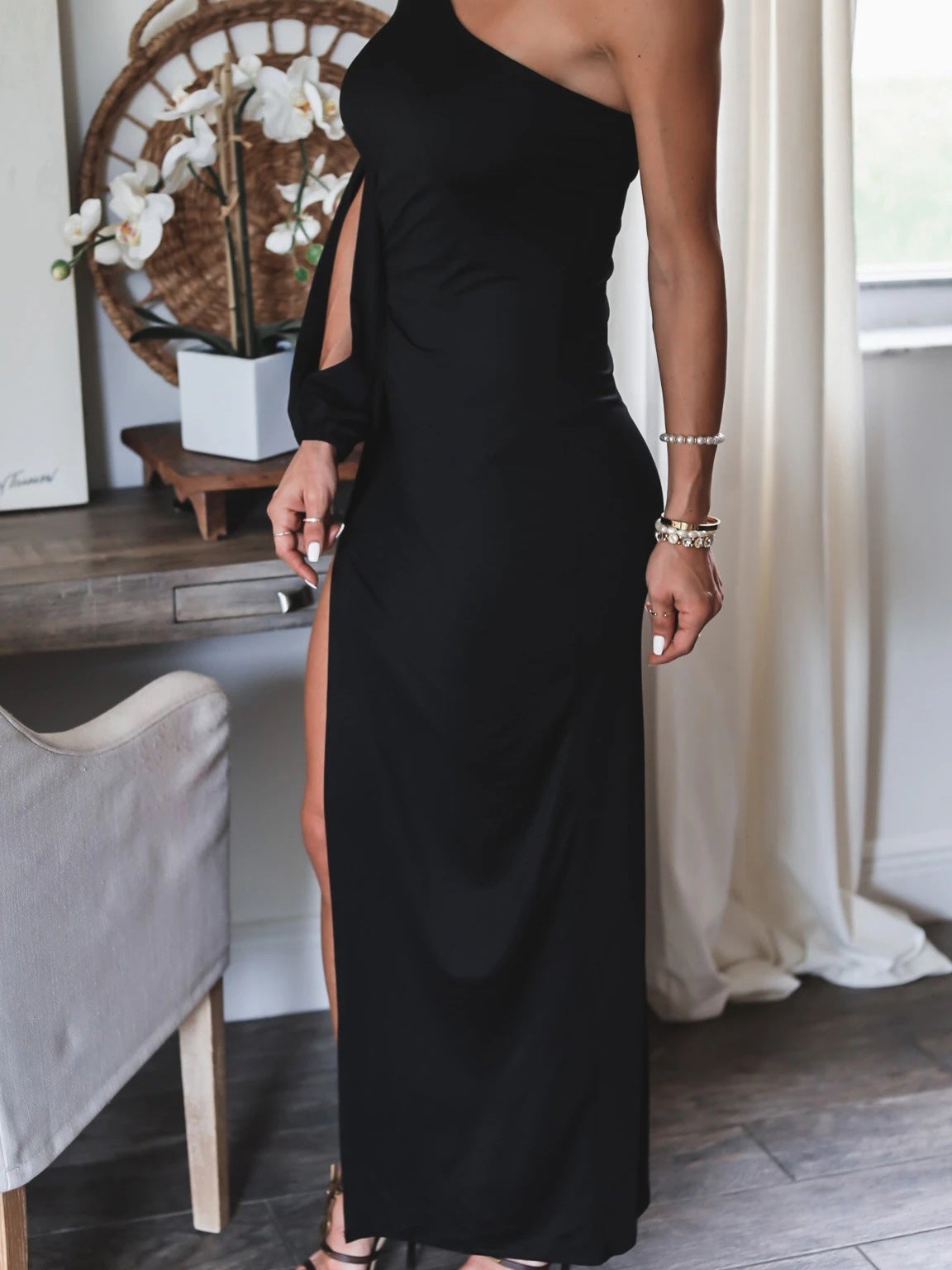 Women's Dresses Sloping Shoulder Long Sleeve Slit Dress