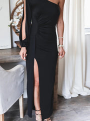 Women's Dresses Sloping Shoulder Long Sleeve Slit Dress