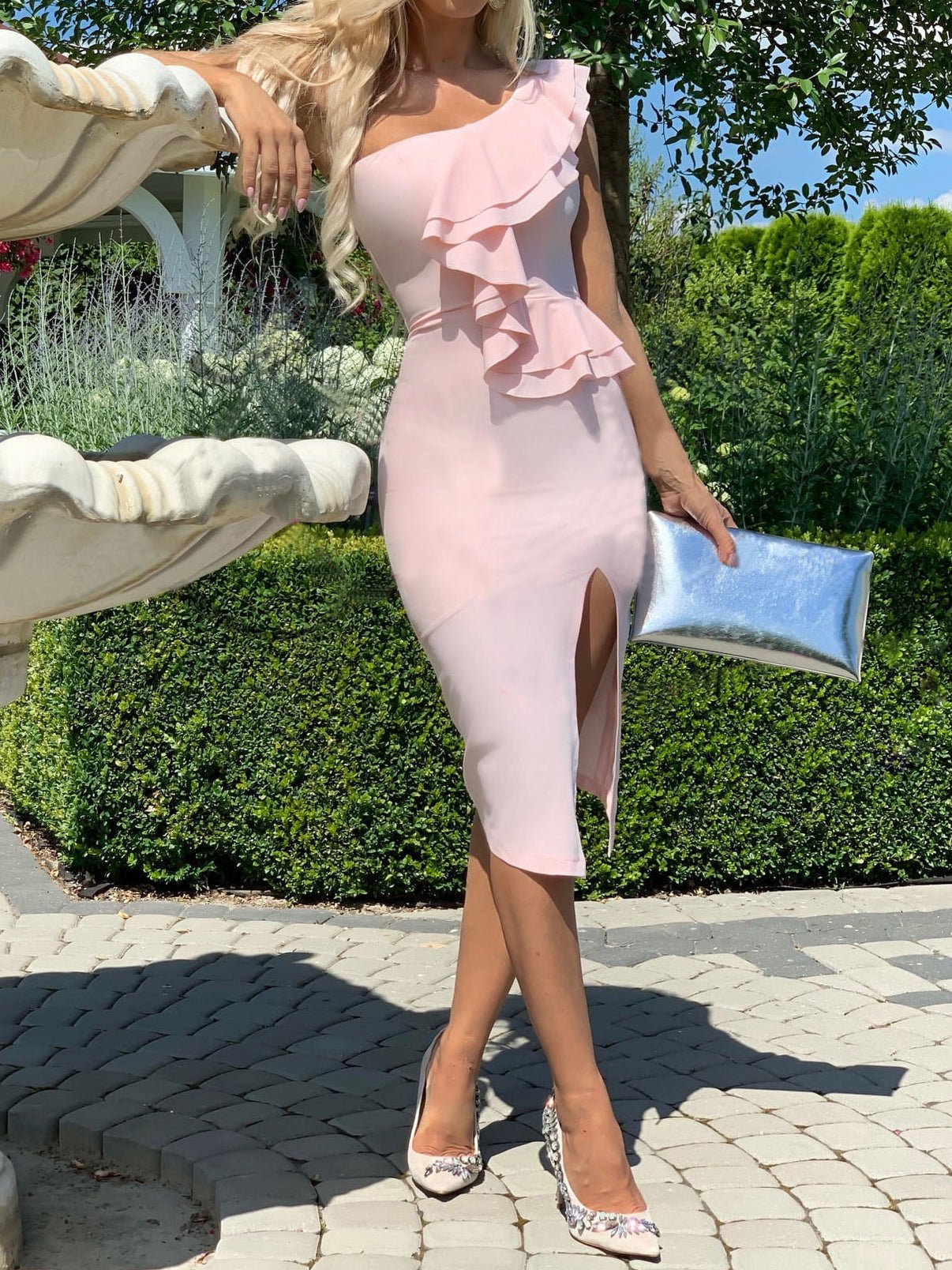 Women's Dresses Sloping Shoulder Ruffled Slit Dress