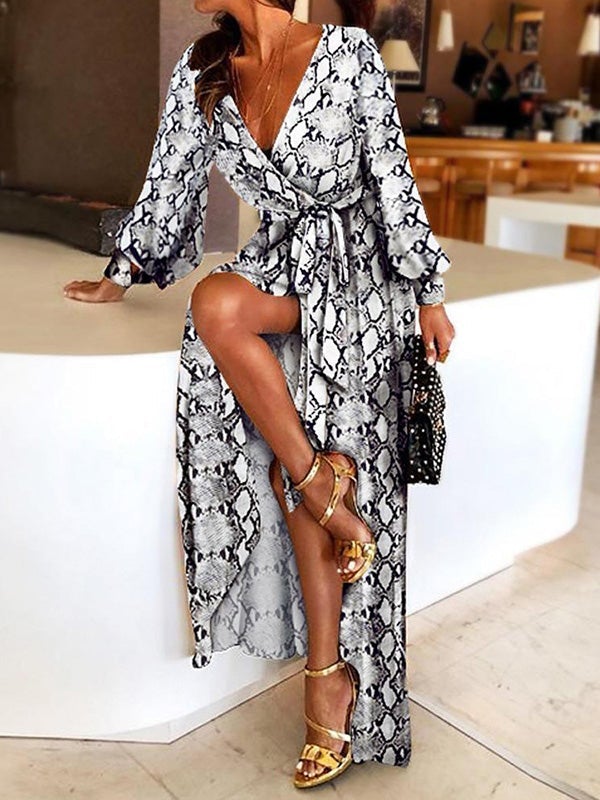 Women's Dresses Snake Print Deep V Neck Long Sleeve Slit Dress