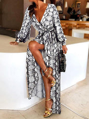 Women's Dresses Snake Print Deep V Neck Long Sleeve Slit Dress