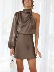 Women's Dresses Solid Color Fashion One Shoulder Long Sleeved Mini Dress