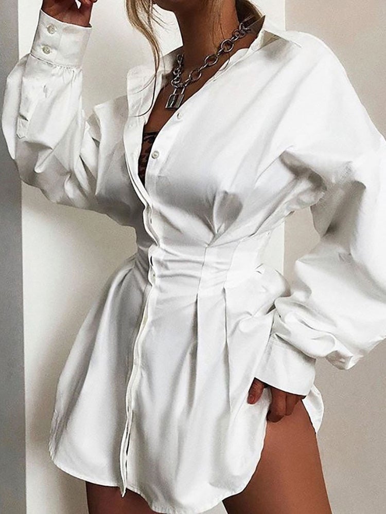 Women's Dresses Solid Deep V Neck Gathered Shirt Dress