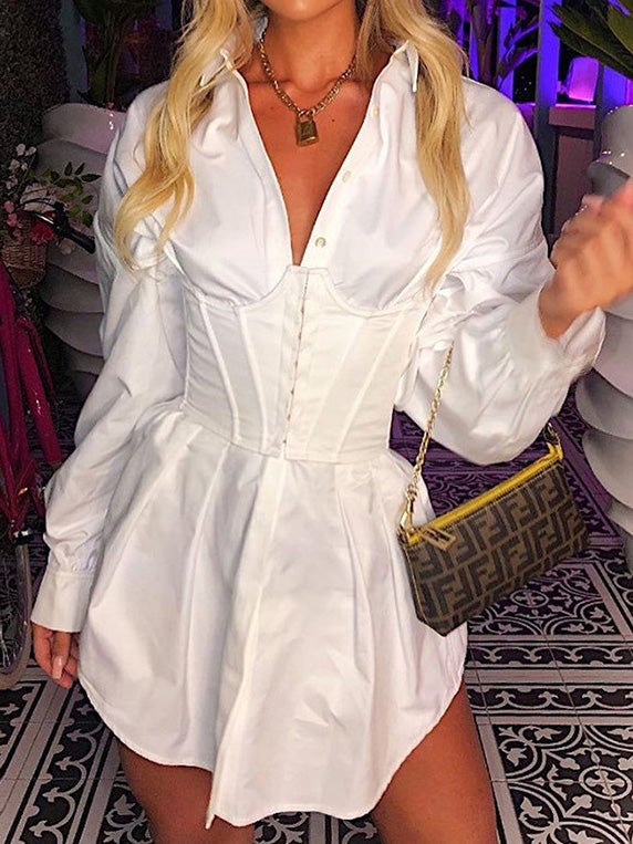 Women's Dresses Solid Deep V Neck Gathered Shirt Dress