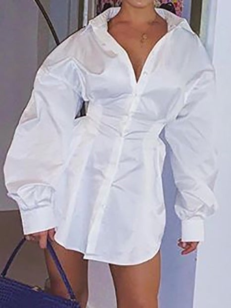 Women's Dresses Solid Deep V Neck Gathered Shirt Dress