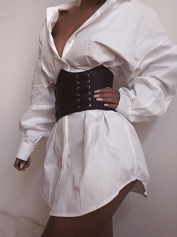 Women's Dresses Solid Deep V Neck Gathered Shirt Dress
