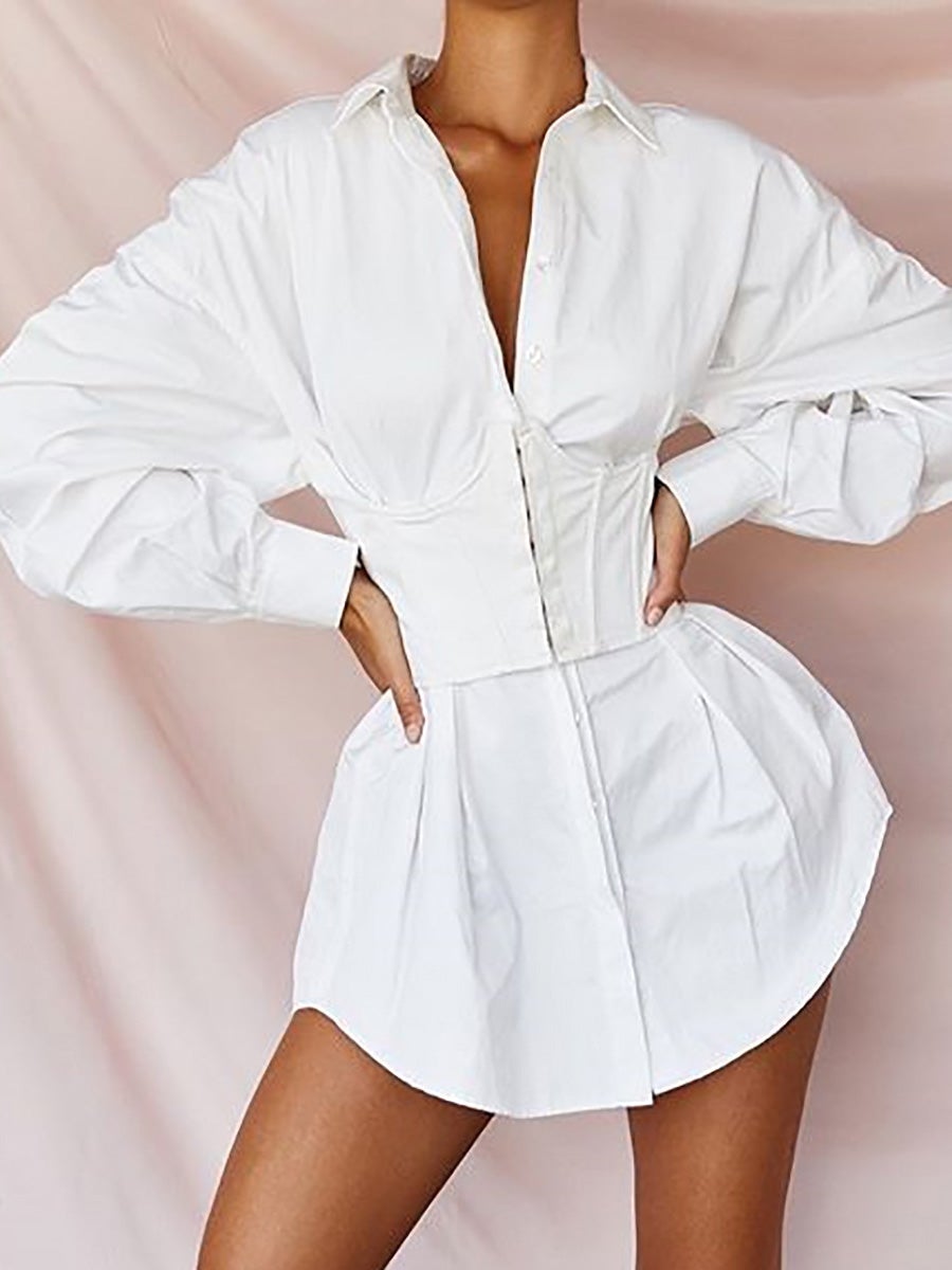 Women's Dresses Solid Deep V Neck Gathered Shirt Dress