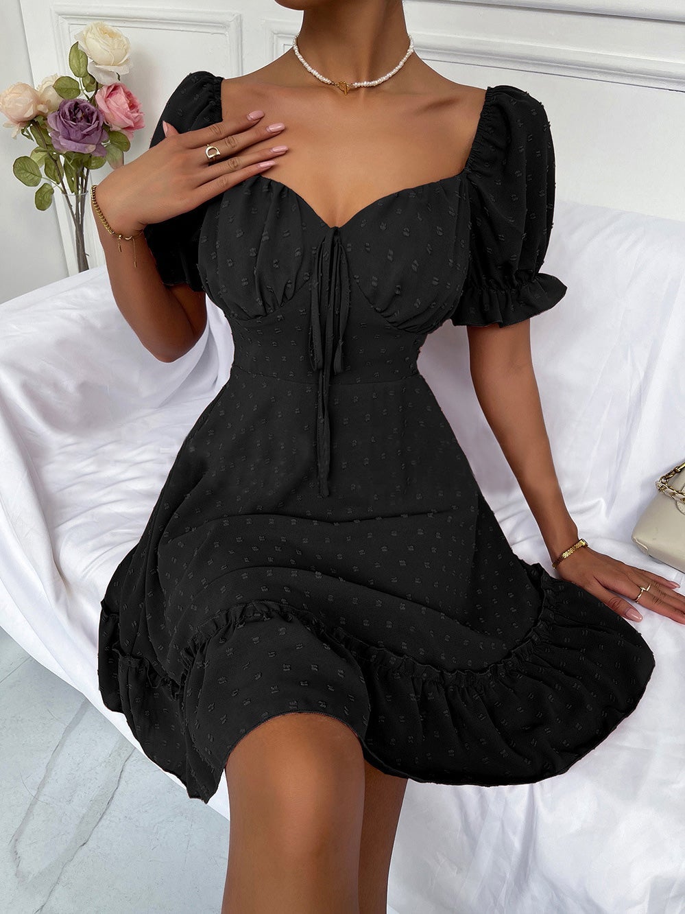 Women's Dresses Solid Polka Dot Ruffle Short Sleeve Dress