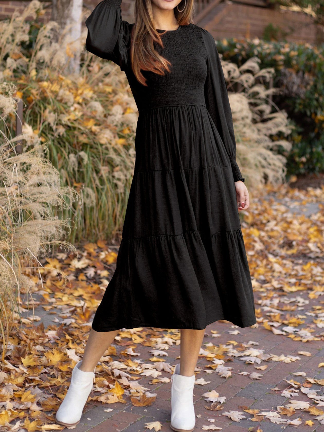 Women's Dresses Solid Round Neck Balloon Sleeve Dress