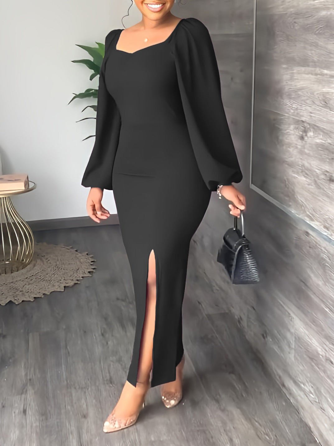 Women's Dresses Solid Square Neck Long Sleeve Slit Dress