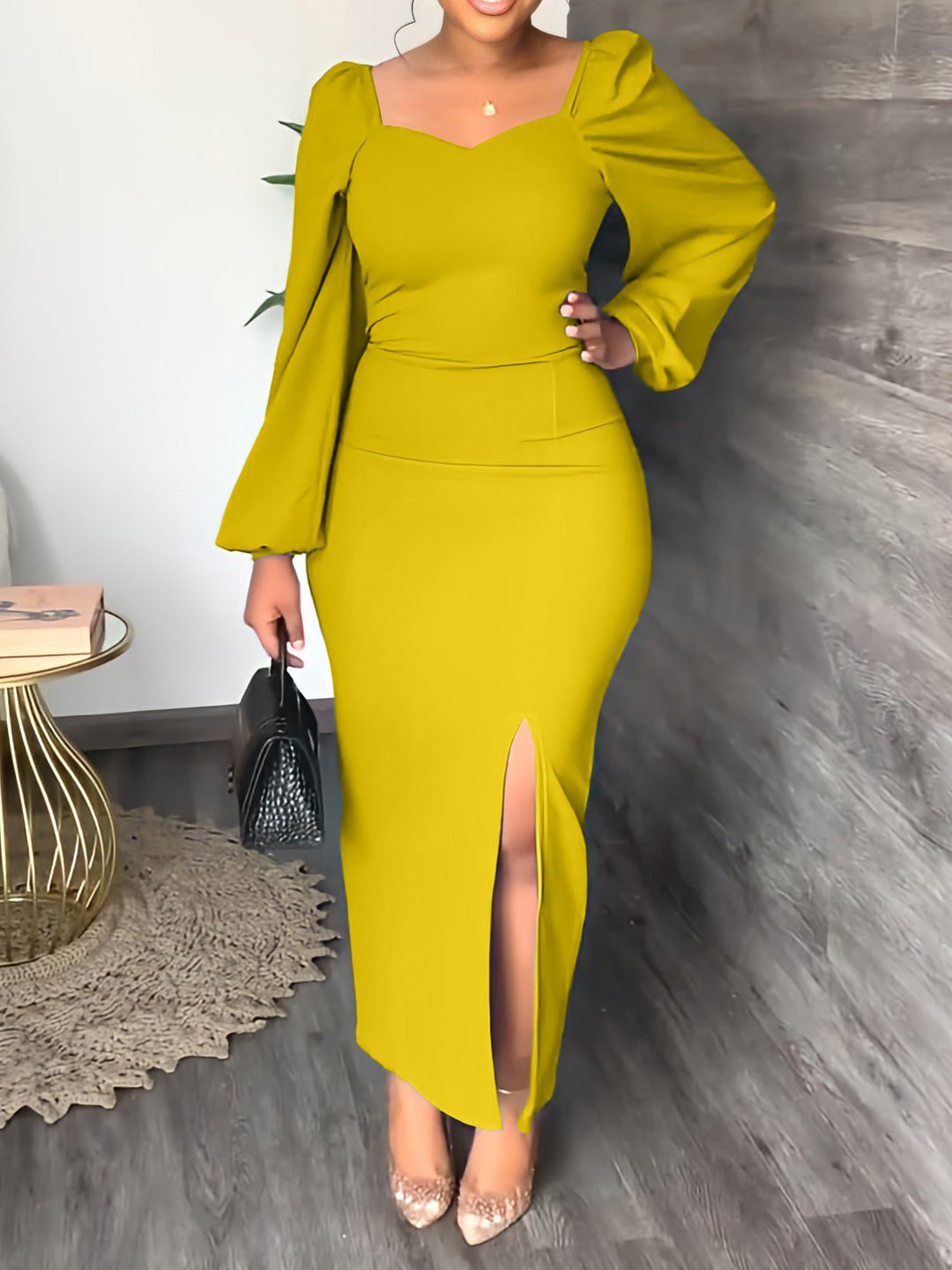 Women's Dresses Solid Square Neck Long Sleeve Slit Dress