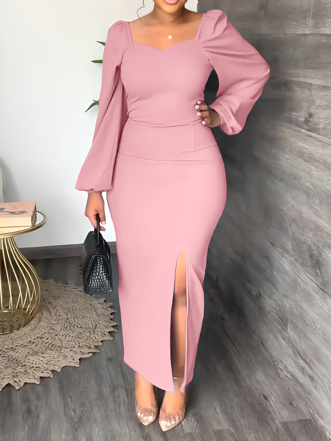 Women's Dresses Solid Square Neck Long Sleeve Slit Dress