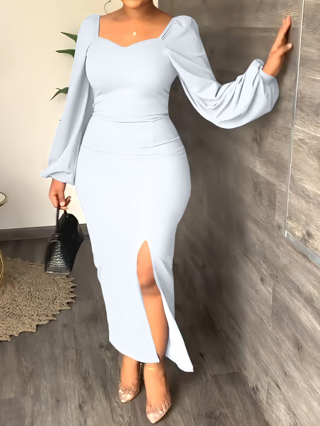 Women's Dresses Solid Square Neck Long Sleeve Slit Dress