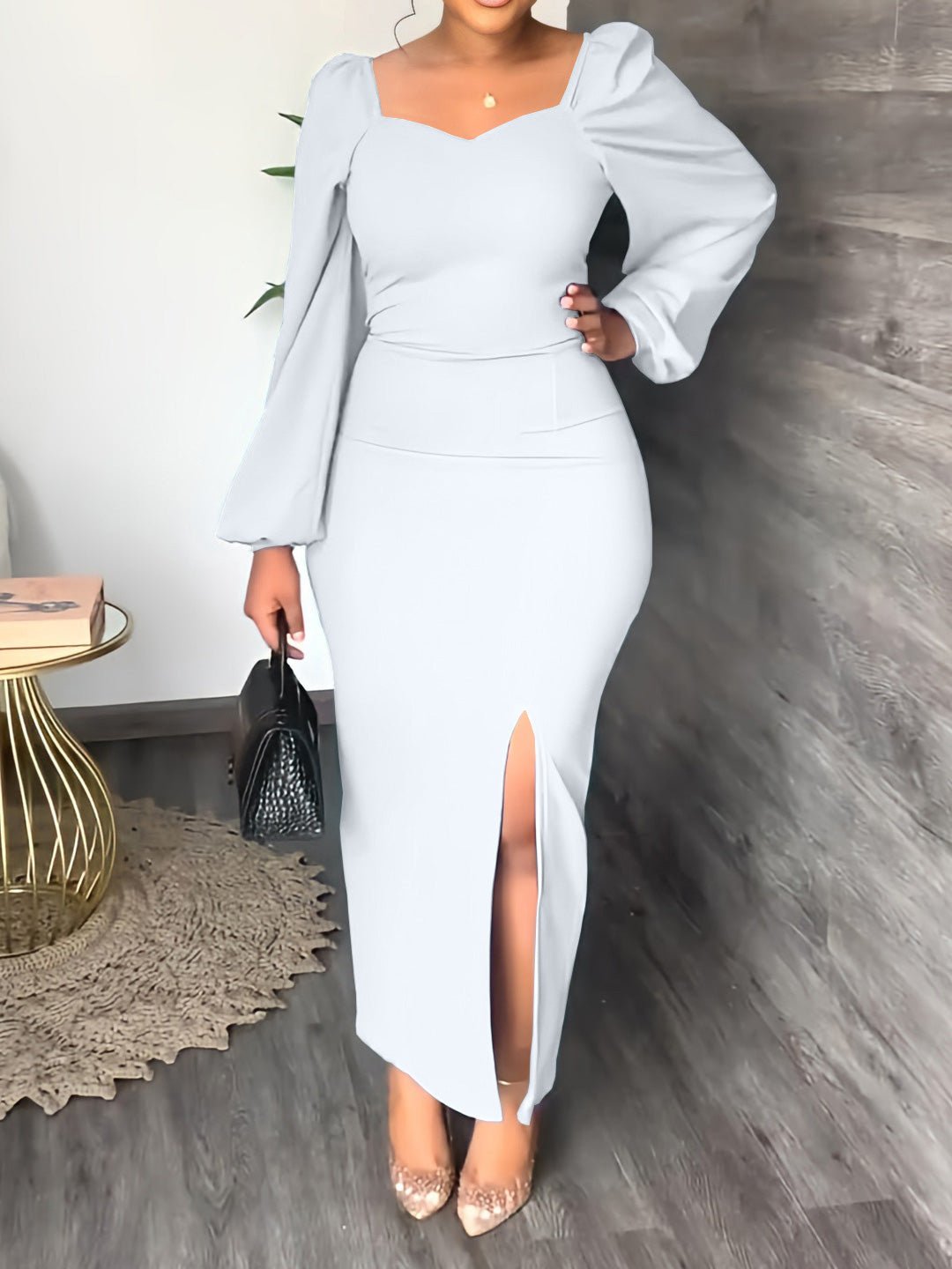 Women's Dresses Solid Square Neck Long Sleeve Slit Dress