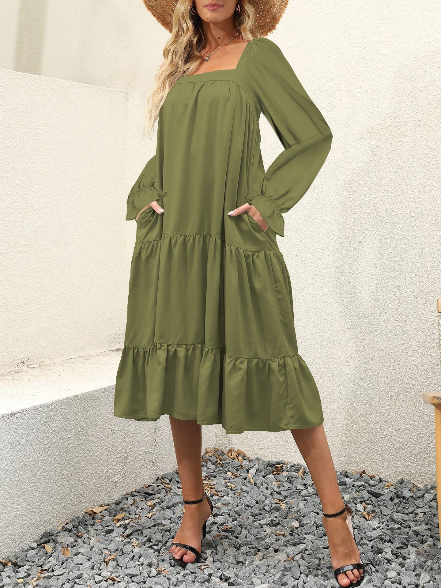 Women's Dresses Solid Square Neck Long Sleeve Swing Dress