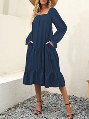 Women's Dresses Solid Square Neck Long Sleeve Swing Dress