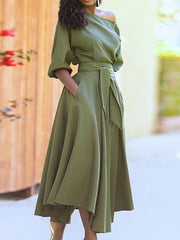 Women's Dresses Solid Tie Pocket Long Sleeve Dress