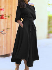 Women's Dresses Solid Tie Pocket Long Sleeve Dress