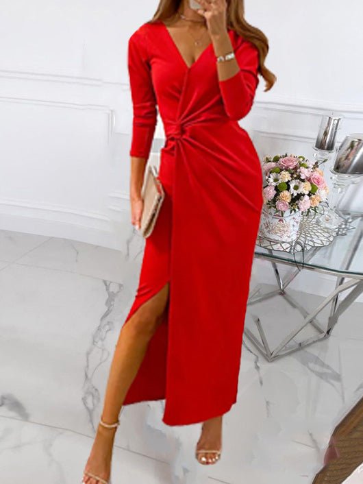 Women's Dresses Solid V-Neck Long Sleeve Slit Dress