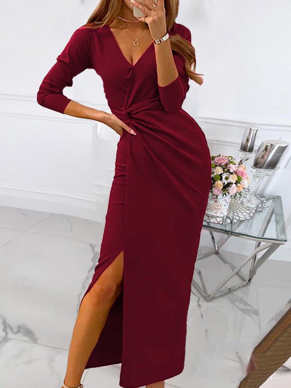 Women's Dresses Solid V-Neck Long Sleeve Slit Dress