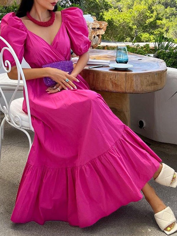 Women's Dresses Solid V-Neck Ruffle Swing Dress